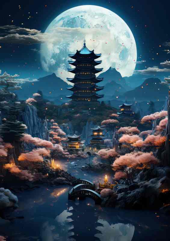 Yujihime Moon Tower w/ Water & Bridge | Metal Poster