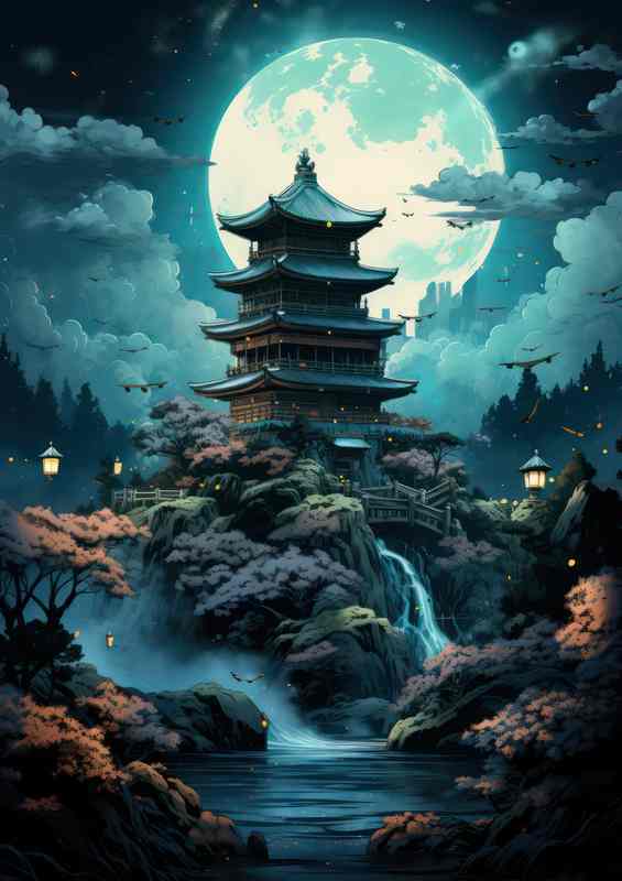Yujihime Moon Tower w/ Cascading Water & Blue Lake | Metal Poster