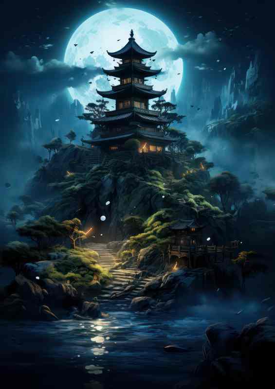Yujihime Full Moon Tower Waterfall Metal Poster