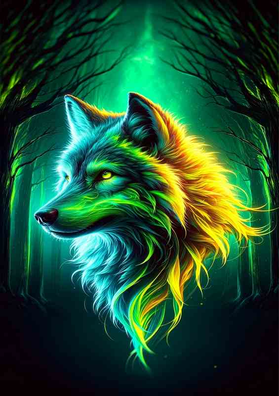 A Wolfs head contrasting with a dark forest | Metal Poster