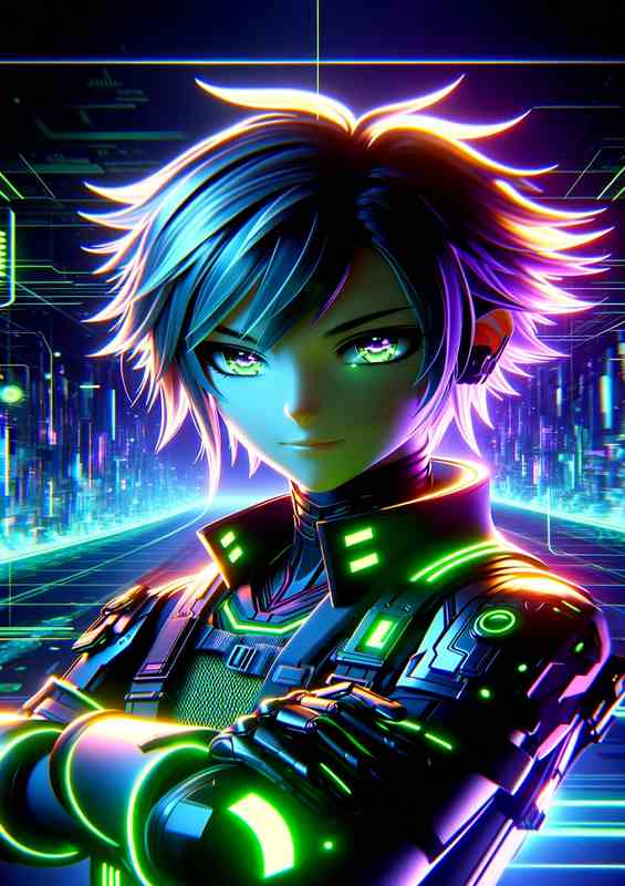 A anime character with a sci fi in neon colors | Metal Poster