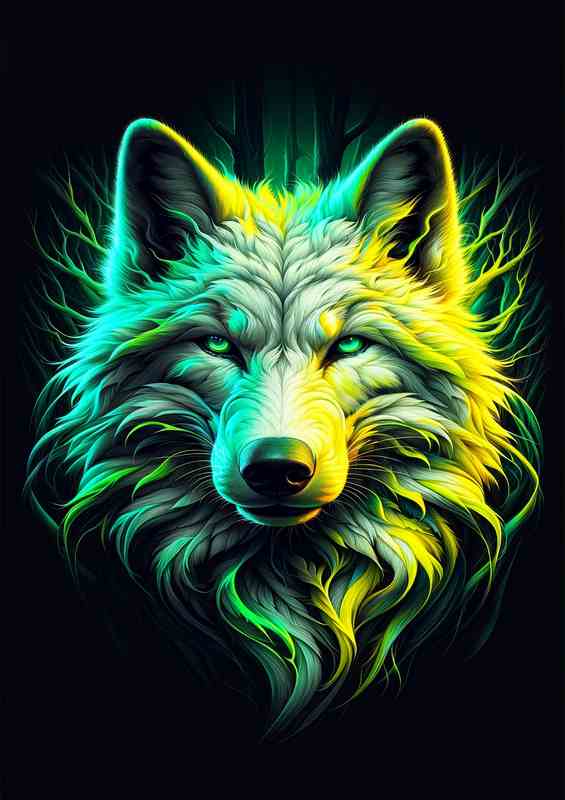 A close up of a wolfs head with neon tones | Metal Poster