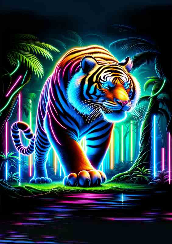 A magnificent tiger prowling through a neon lit jungle | Metal Poster