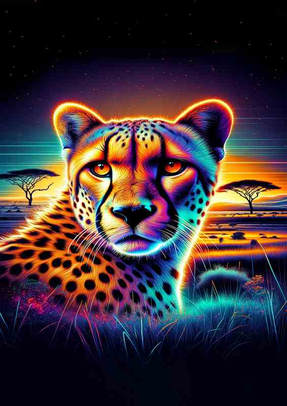 Majestic Neon African Cheetah Head | Metal Poster