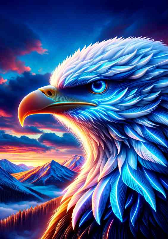 A majestic eagles head, with neon blue and white tones | Metal Poster