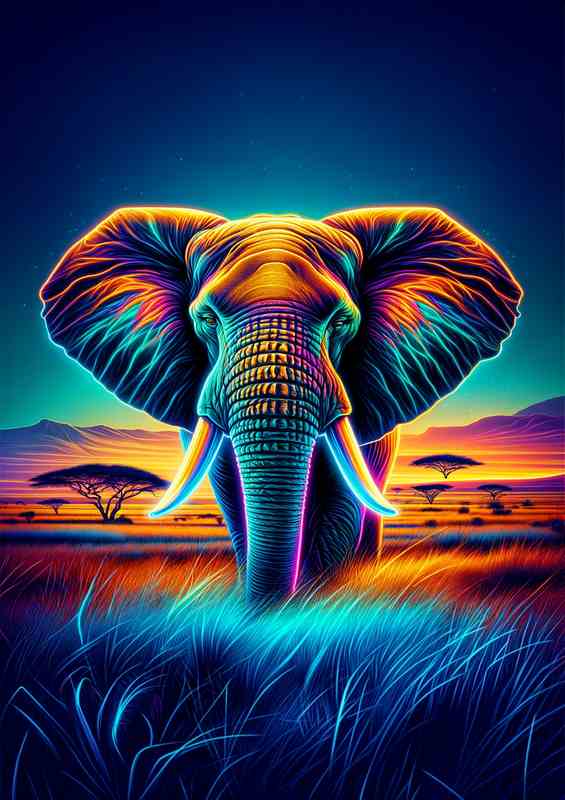 A majestic elephants head in neon digital art style | Metal Poster