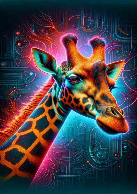 A majestic giraffes head in neon digital art style | Metal Poster