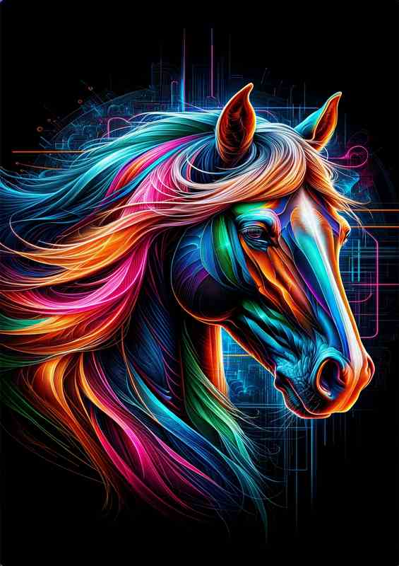 A majestic horses head in neon art strength and beauty | Metal Poster