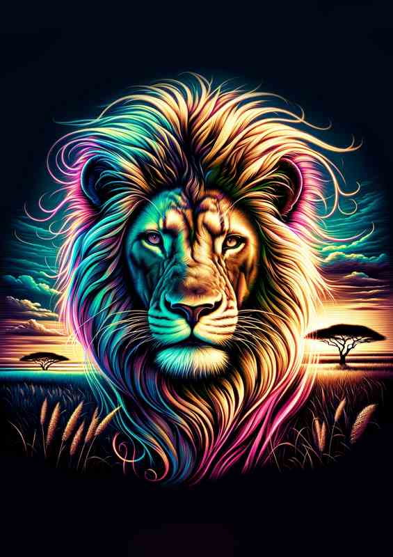A majestic lions head in neon digital art | Metal Poster