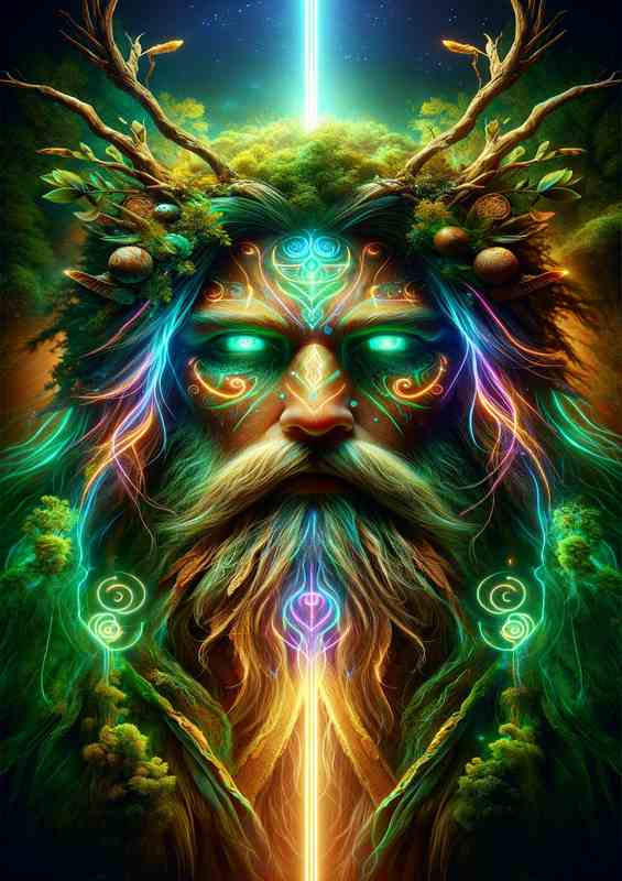 A majestic pagan god enveloped in mystical neon colors | Metal Poster