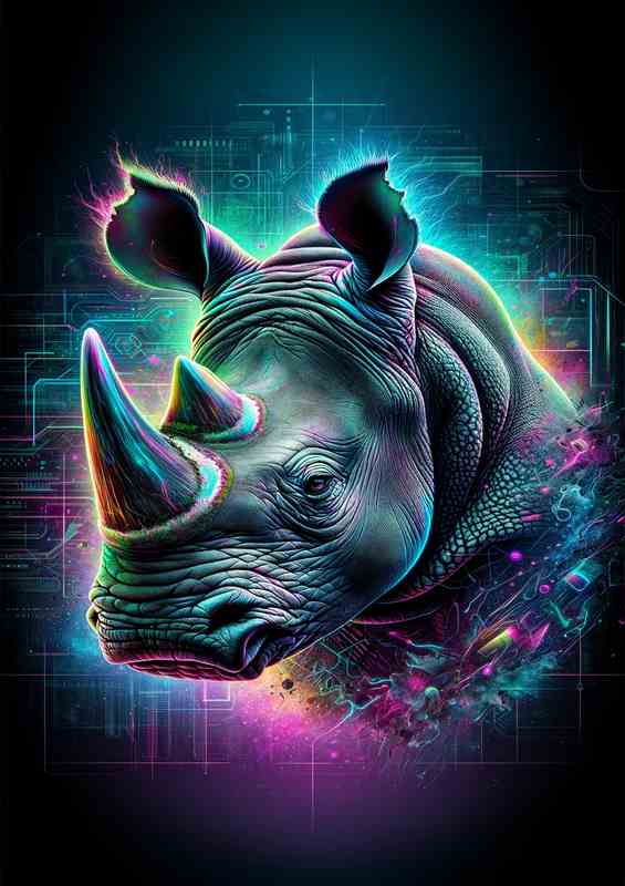 Majestic Rhino Neon Art Poster
