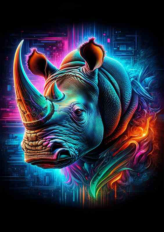 A majestic rhinoceross head in neon digital art style | Metal Poster