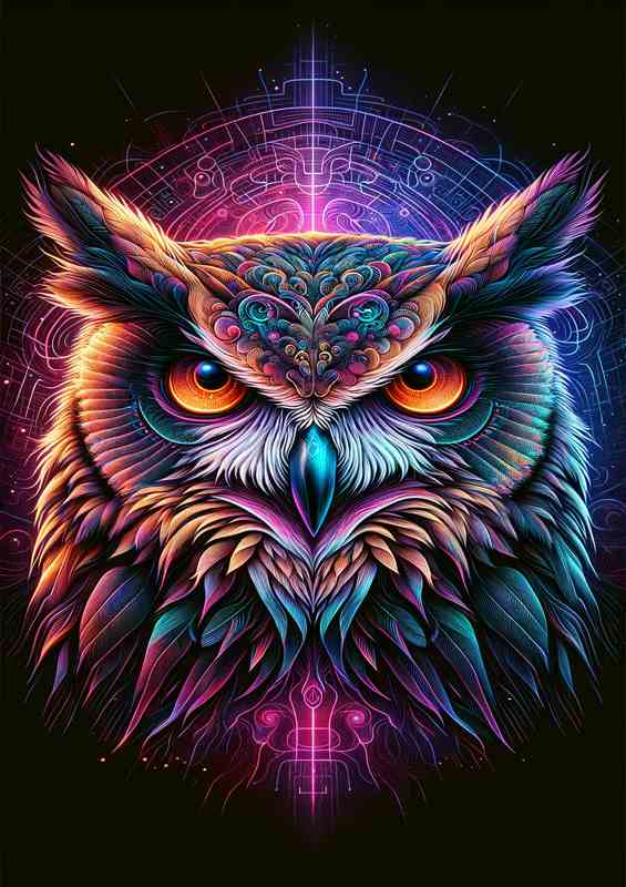 A mysterious owls head in neon digital art style | Metal Poster