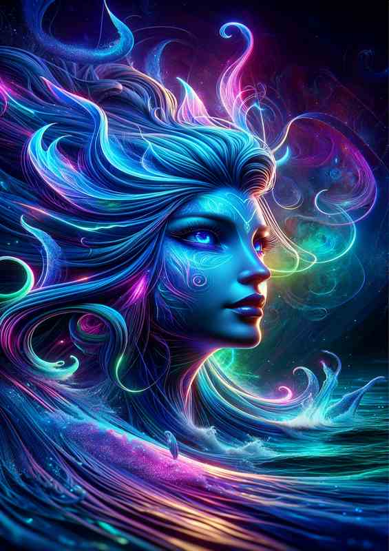 A mythical siren head glowing with surreal neon colors | Metal Poster