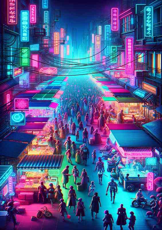 A neon lit cyberpunk marketplace bustling with activity | Metal Poster