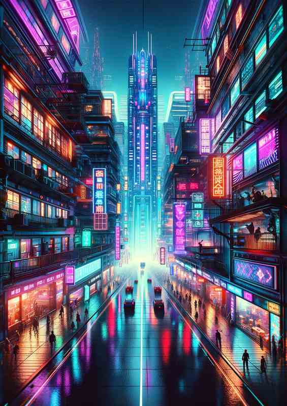 Neonlit Cyber City Metal Poster - Skyscrapers