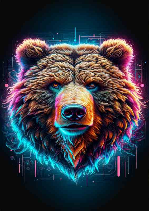 A powerful bears head in neon art strength | Metal Poster