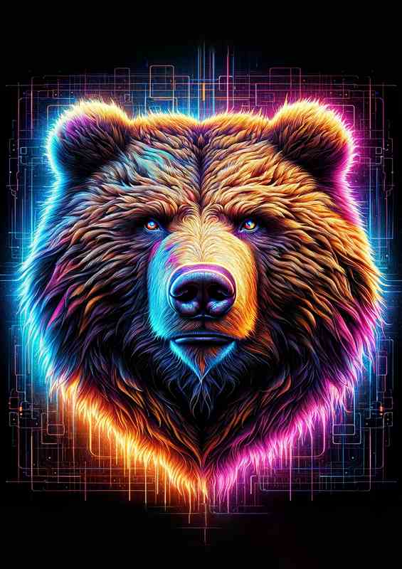 A powerful bears head in neon digital art style | Metal Poster