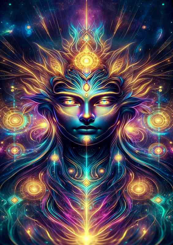 A powerful deity radiating divine energy in neon colors | Metal Poster