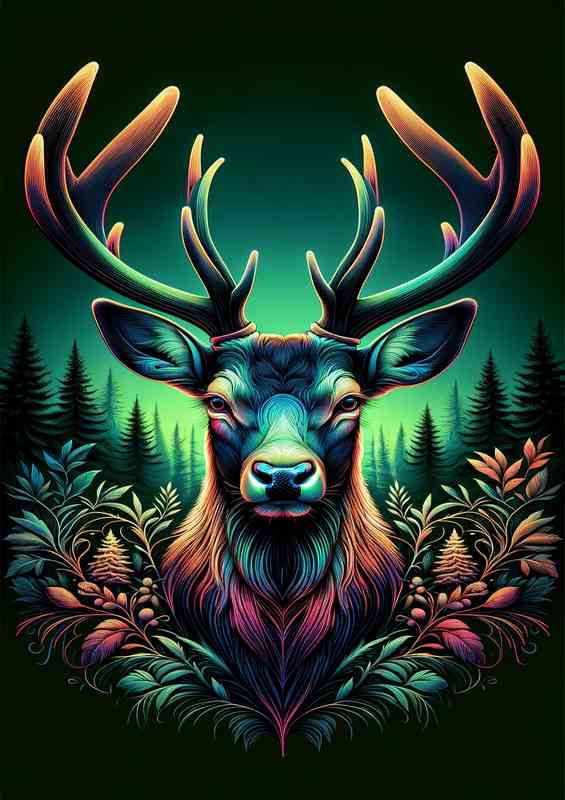 Neon Deer Head Metal Poster, Forest Background