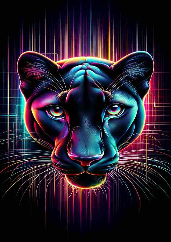 A sleek panther's head in neon mysterious allure | Metal Poster