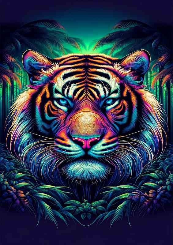 A striking tigers head in neon digital art | Metal Poster