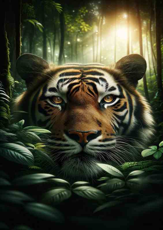 A tigers face emerging from dense jungle foliage | Metal Poster