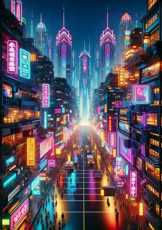 A vertical view of a neon lit cyberpunk city street | Metal Poster