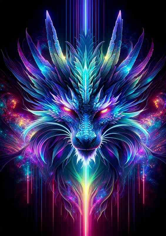 An ethereal dragon head by vibrant neon colors | Metal Poster