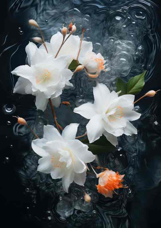 white flowers in the water with a hint of orange | Metal Poster
