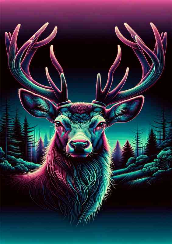 Atmospheric regal deers head in neon digital art style | Metal Poster