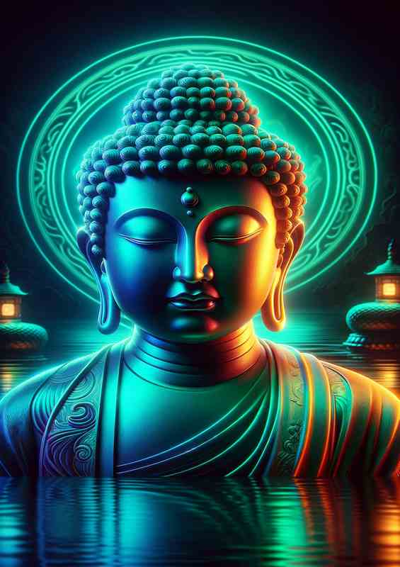 Buddha figure, bathed in tranquil neon face is depi | Metal Poster