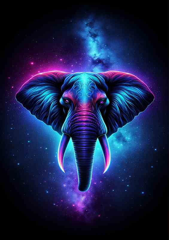Glowing Neon Blue & Purple Elephant Metal Poster