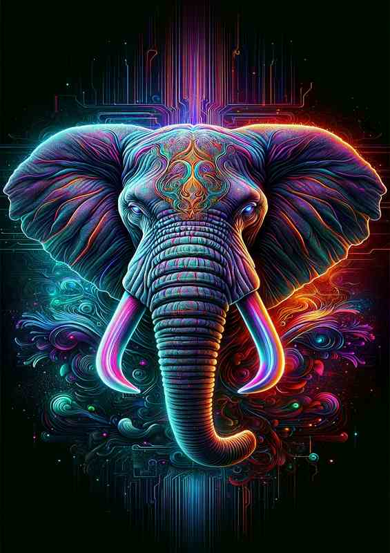 Elephants head in neon art style embodying majesty | Metal Poster