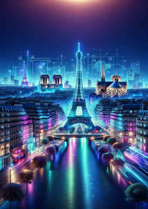 Paris Neon Skyline | Metal Poster