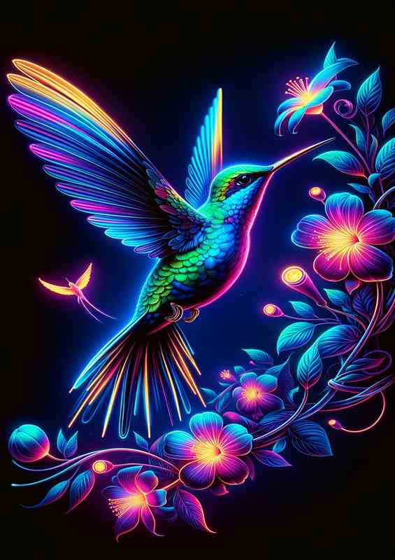 Hummingbird in flight depicted in a neon art style | Metal Poster