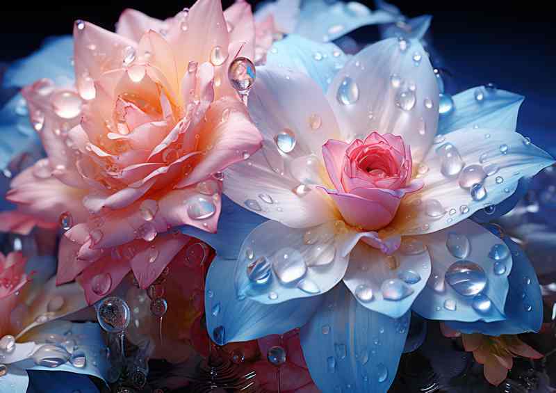 Water droplets on a pink flower reflects blue | Metal Poster