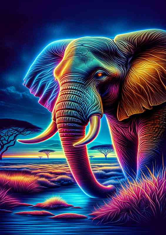 Neon Elephant Head Metal Poster in Digital Art - Savanna