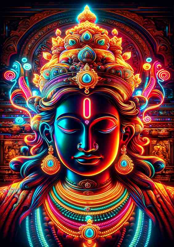 Indian deity illuminated with brilliant neon colors | Metal Poster
