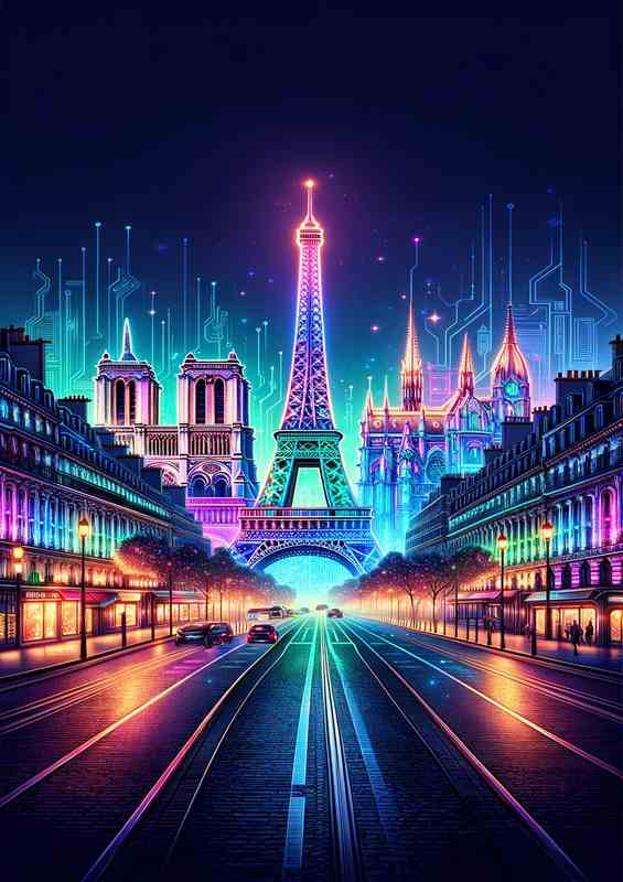 Paris skyline illuminated in dazzling neon colors | Metal Poster