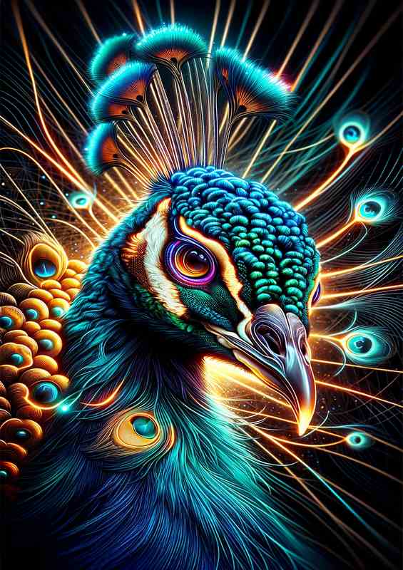 Peacocks head in neon digital art style | Metal Poster