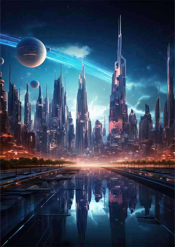 Futuristic city with neon lights shown above the city | Metal Poster
