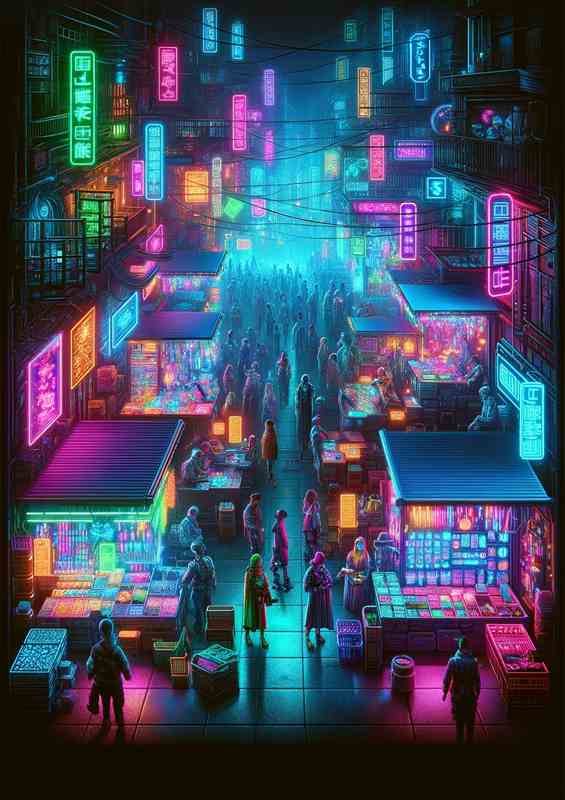 Vertical portrait of a neon lit cyberpunk marketplace | Metal Poster