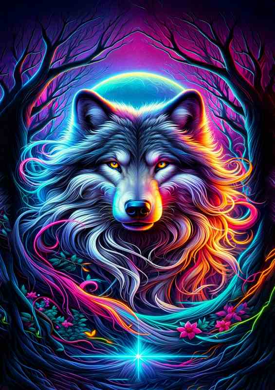 Mystic Wolf Neon Forest Metal Poster