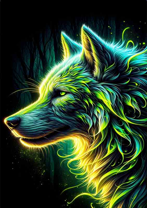 Wolfs head, with neon green and yellow tones | Metal Poster