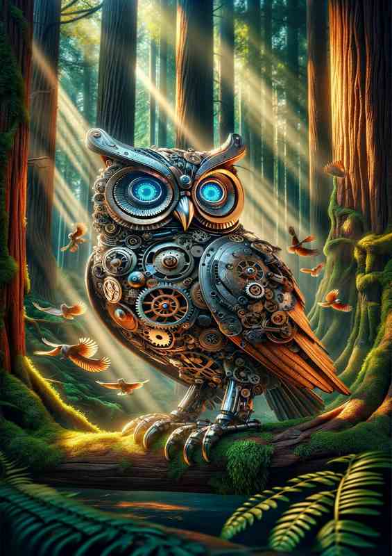 Automaton Steampunk Owl in Forest | Metal Poster