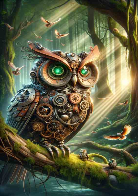 Whimsical Automaton Steampunk Owl in Forest | Metal Poster