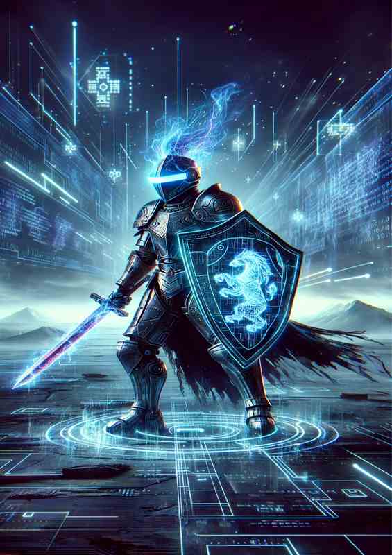 A futuristic knight in cyber armor standing | Metal Poster