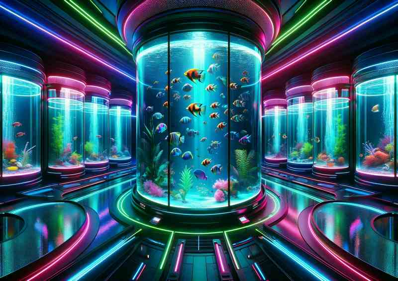 A Futuristic Neon Aquarium with Exotic Fish | Metal Poster