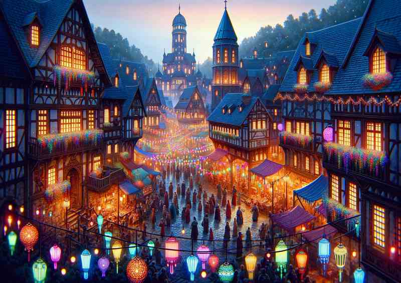 A Medieval Village Celebrating with Neon Lanterns | Metal Poster